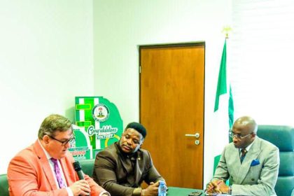 Deputy Speaker of the House of Representatives, Rt Hon. Benjamin Kalu (r) with Senior Deputy Vice-Chancellor of the University of Lincoln, Mr Simon Parkes (l) and Dr. Wisdom John Okoye of Eminent Transglobal Services Ltd (m) who paid him a courtesy visit at the National Assembly, May 22, 2024.    Photo: Deputy Speaker's Media office