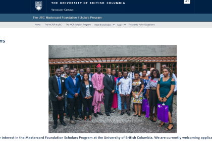 MasterCard University of British Columbia Scholarships 2024/2025 for African Students