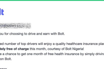 A screenshot of an email stating a healthcare insurance offering from the Bolt rideshare company for qualifying drivers.