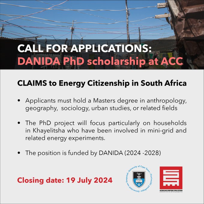 DANIDA PhD Scholarship at ACC (CLAIMS to Energy Citizenship in South Africa) 2025