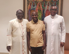 Fr Mikah Suleiman (centre) with Bishop Matthew Kukah and Fr Chike © Diocese of Sokoto