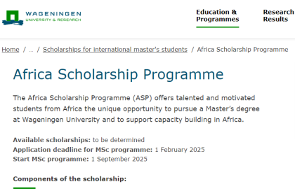 Wageningen University Africa Scholarship Programme (Masters) 2025/2026 for African Students