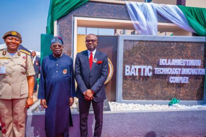 L-R: Comptroller-General of Immigration Service Kemi Nandap, President Bola Tinubu and Minister of Interior, Olubunmi Tunji-Ojo, during the commissioning of the Nigeria Immigration Service’s Technology Innovation Complex named Bola Ahmed Tinubu Technology Innovation Complex (BATTIC), at the Nigeria Immigration Service (NIS) headquarters in Abuja