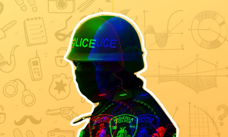 Illustration of a police officer silhouette with Nigeria Police text on uniform, set against a math-themed yellow background.