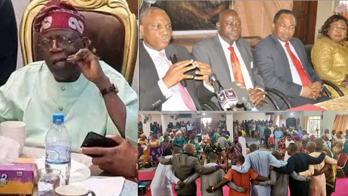 PFN officials; Tinubu with toothpick; parishioners praying in church