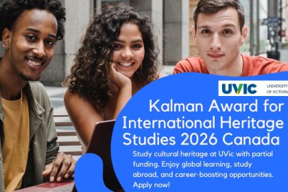 University of Victoria campus with students, promoting the Kalman Award for International Heritage Studies scholarship opportunity.