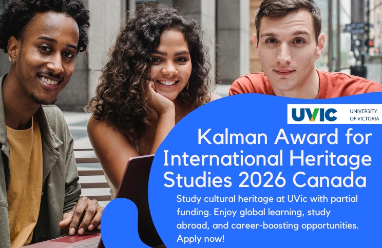 University of Victoria campus with students, promoting the Kalman Award for International Heritage Studies scholarship opportunity.