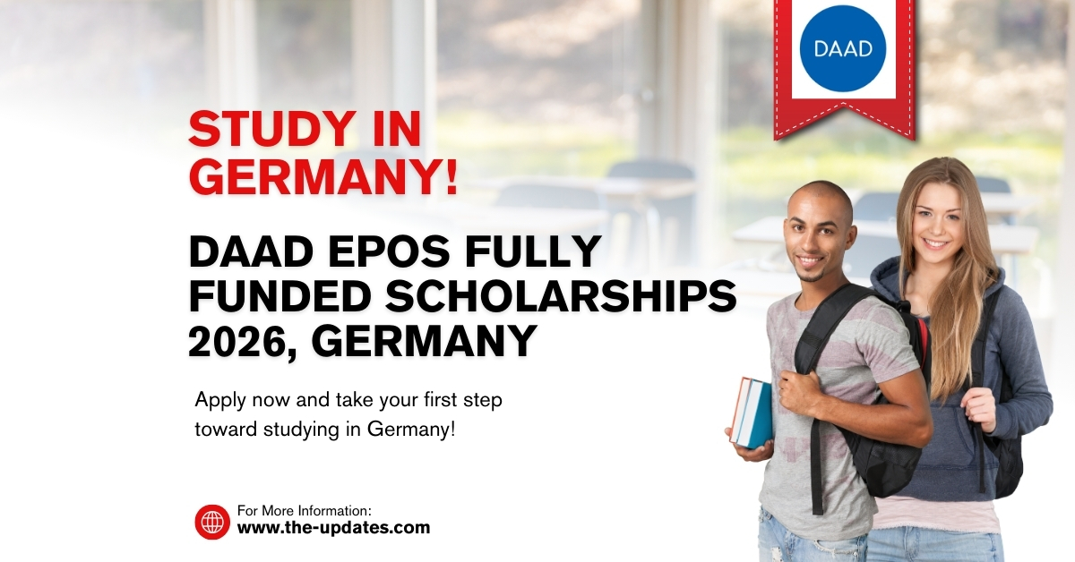DAAD EPOS scholarship benefits infographic showing monthly stipend, travel allowance, health insurance, and tuition coverage for international students in Germany