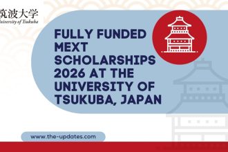 Students holding books and studying at the University of Tsukuba, Japan, with the MEXT Scholarship logo and a campus background.