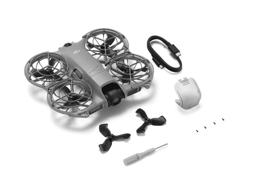 A drone and accessories.