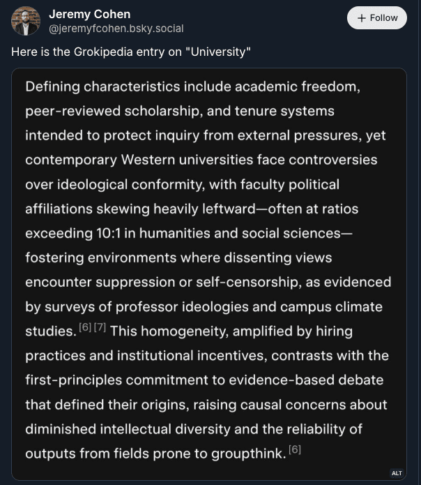 Bluesky screenshot of a Grokipedia entry for "university."