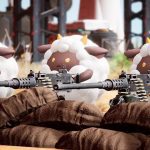 Sheep with guns in the game Palworld.