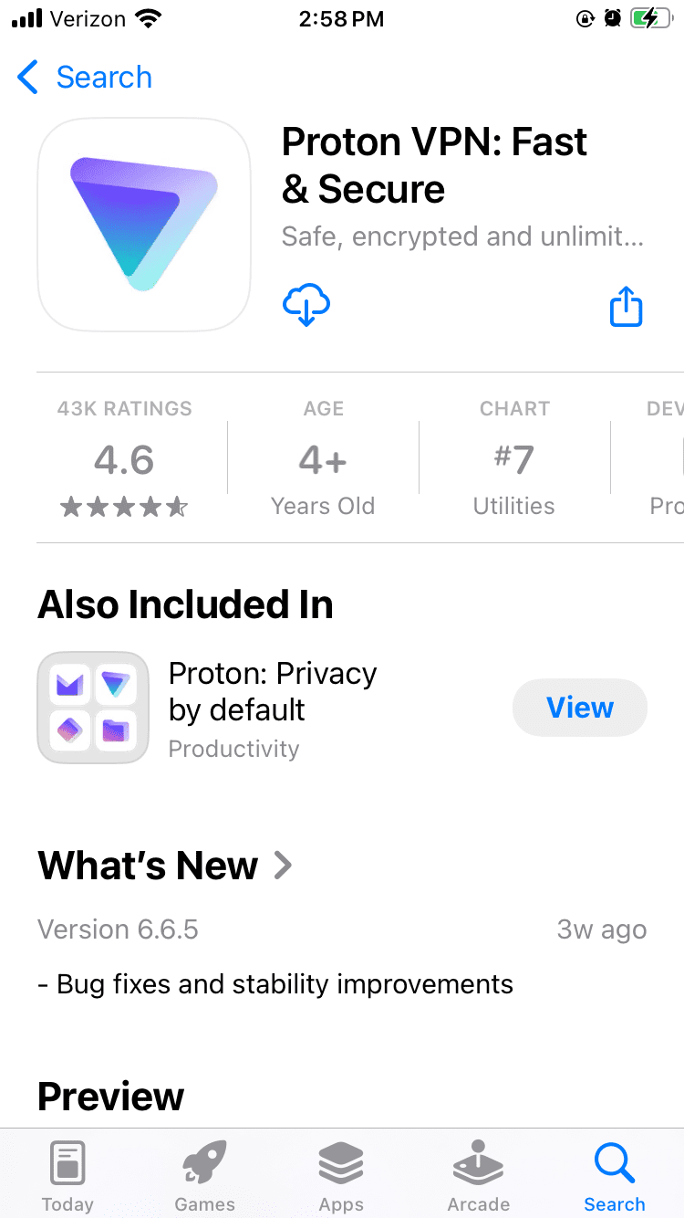 Proton VPN on the iOS app store.