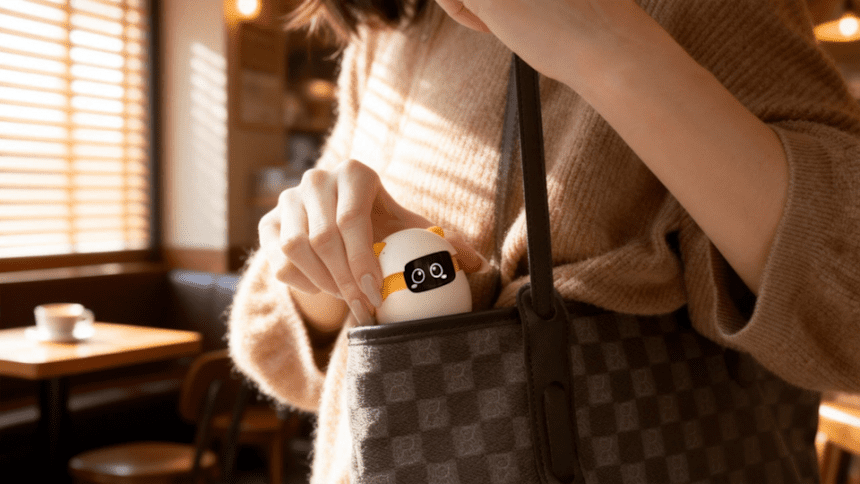 The Sweekar pocket pet being placed into a large brown checkered purse